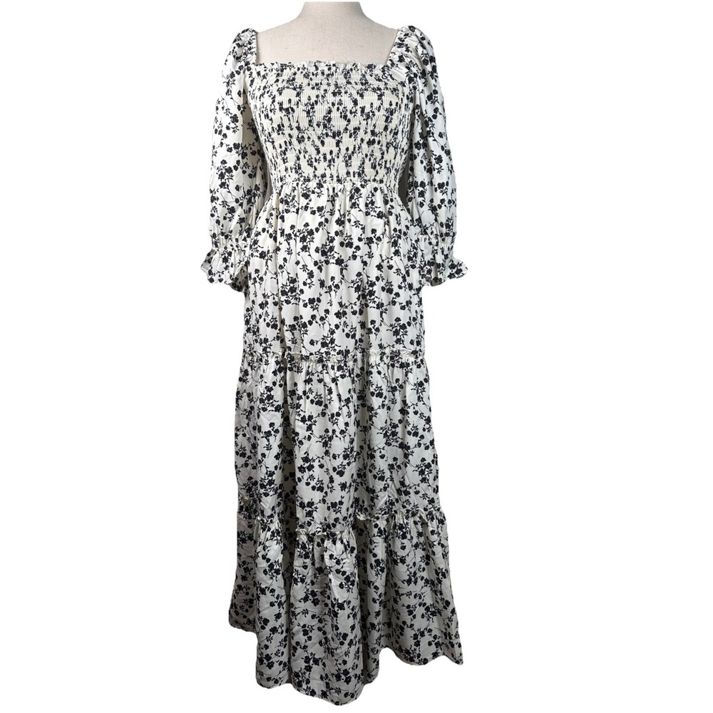 In February Smocked Prairie Maxi Dress S Floral Cottagecore Square Neck Boho